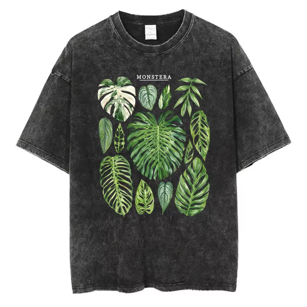 Acid Wash Vintage Graphic T Shirt - Camiseta Gráfica Folhas de Monstera em