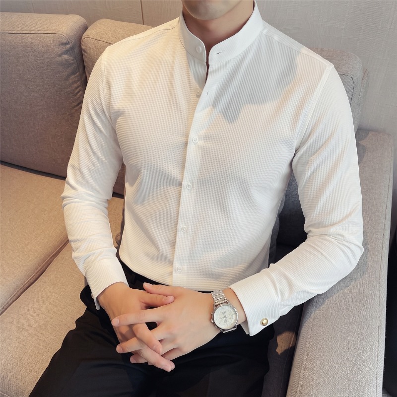 Mandarin Collar Formal Shirt Slim Fit - Camisa Masculina de Manga Longa com