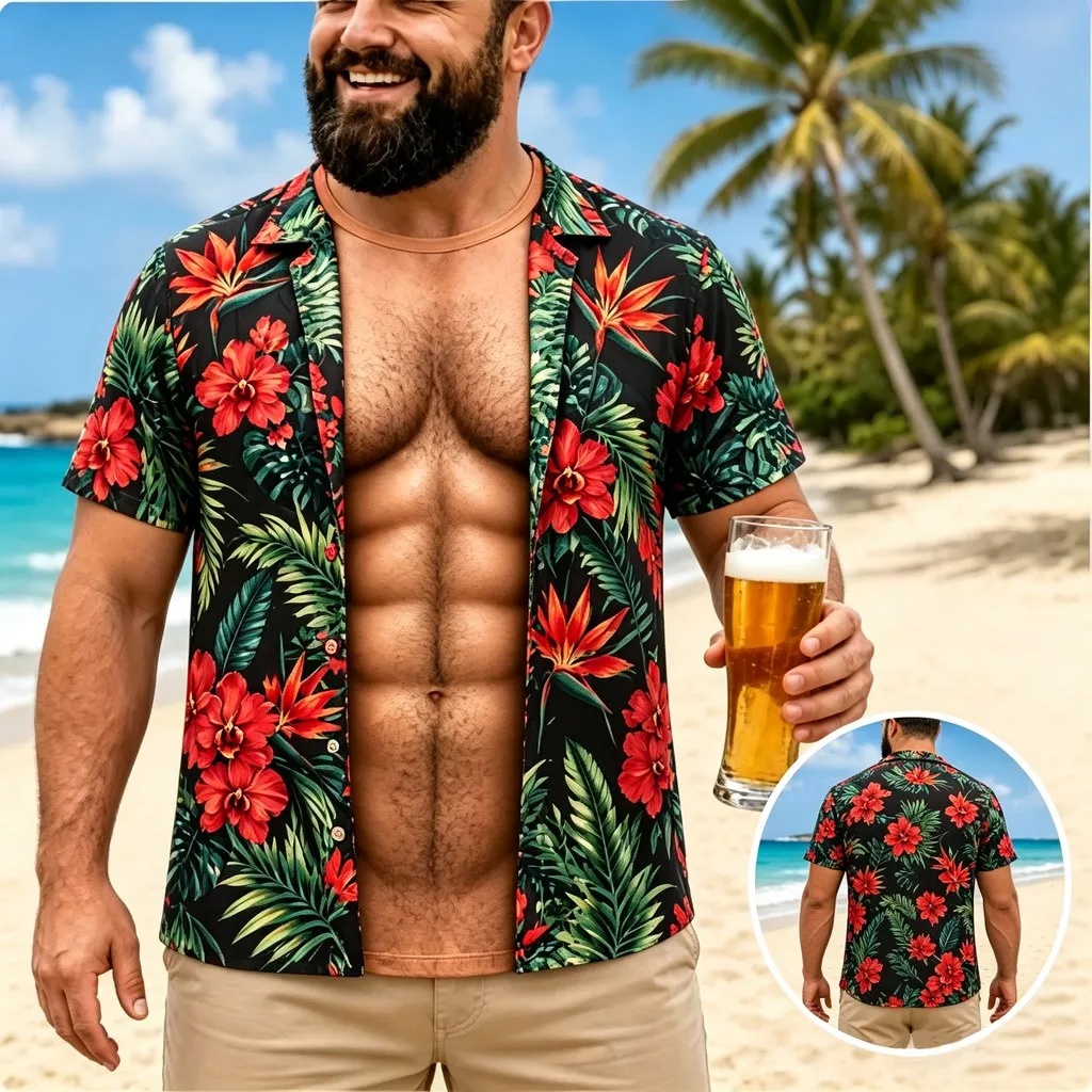 Vintage Hawaiian Floral Shirt - Nova Camisa Havaiana Masculina de Manga