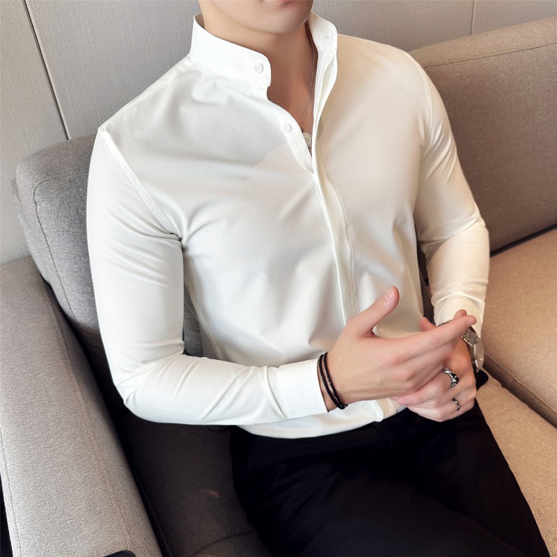 Mandarin Collar Formal Shirt Slim Fit - Camisas masculinas estilo britânico gola formal
