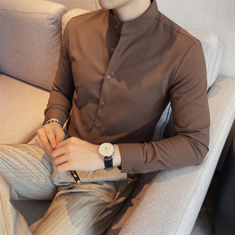 Camisa Masculina de Manga Long - Mandarin Collar Formal Shirt Slim Fit avaliação e preço