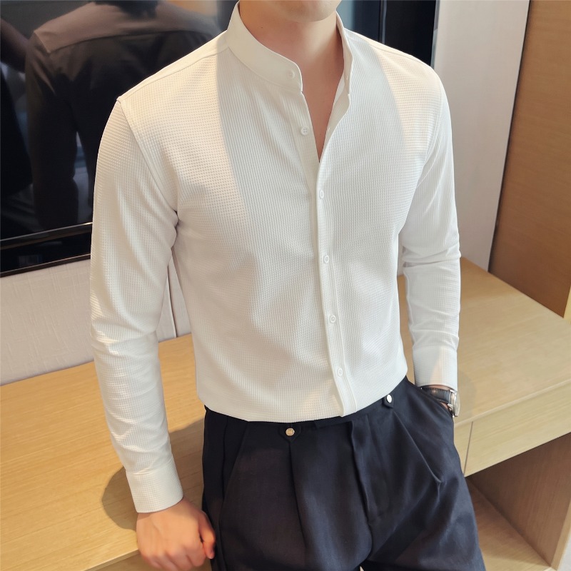 Camisa Masculina de Manga Long - Mandarin Collar Formal Shirt Slim Fit avaliação e preço