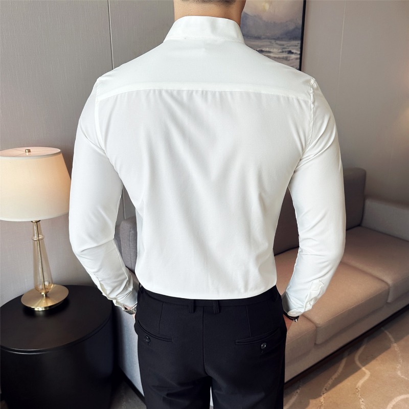 Camisas masculinas estilo brit - Mandarin Collar Formal Shirt Slim Fit avaliação e preço