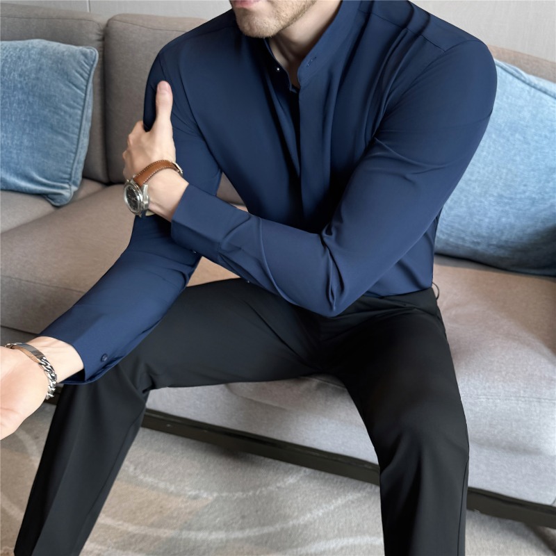 Camisas masculinas estilo brit - Mandarin Collar Formal Shirt Slim Fit avaliação e preço