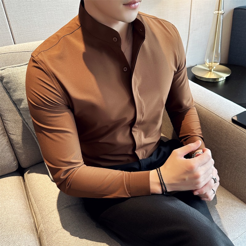 Camisas masculinas estilo brit - Mandarin Collar Formal Shirt Slim Fit avaliação e preço
